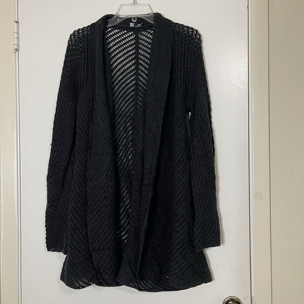 EILEEN FISHER open knit crochet long tunic gray sweater cardigan merino wool Med